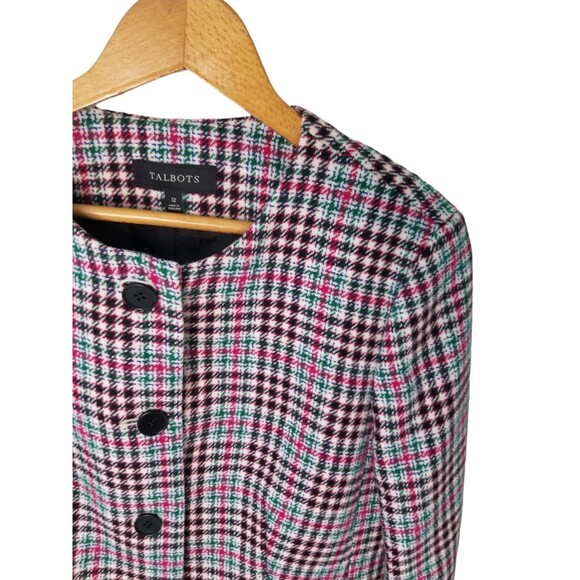 Talbots Blazer Red Green Wool Blend Houndstooth Plaid Preppy Academia Women's 12 - Picture 5 of 11
